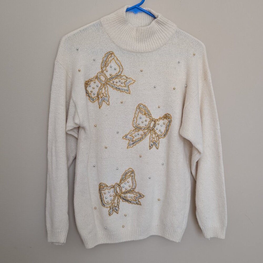 VINTAGE Dana Scott cream with beaded bows holiday sweater Medium EUC